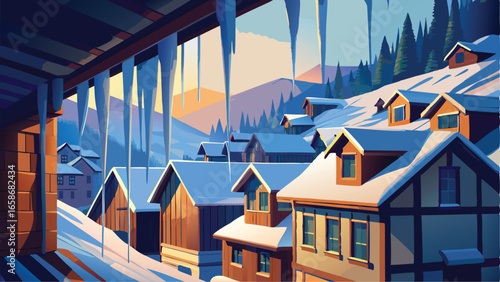 Winter village with icicles