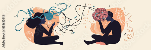 Silhouettes of man and woman sitting with tangled abstract lines and brain symbolizing mental health challenges anxiety and emotional struggle flat vector illustration