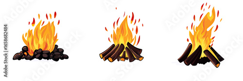 Set of three flat minimalist vector campfire illustrations with burning wood logs and orange flames isolated on white background for outdoor camping and fire safety concepts