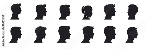 Set of male head silhouette icons showing diverse men haircuts and hairstyles in flat minimalist vector style for profile design and avatar use