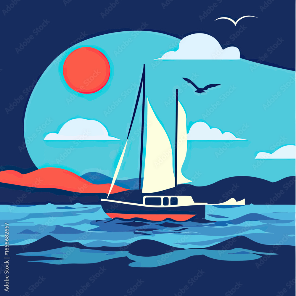 Naklejka premium Sailboat navigating ocean waves at sunset with red sun blue sky and silhouetted birds minimalist flat vector design