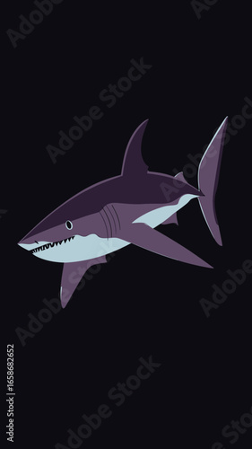 Illustration of Great White Shark with Sharp Teeth in Minimalist Flat Vector Style on Dark Background for Marine Life Concept