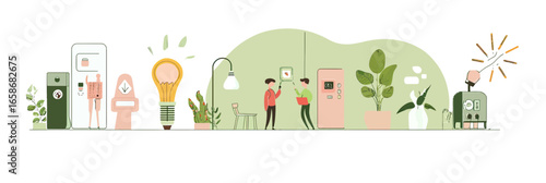 People practicing energy saving habits at home including unplugging appliances, using energy efficient bulbs, smart meter, plant decor, and green electricity concept