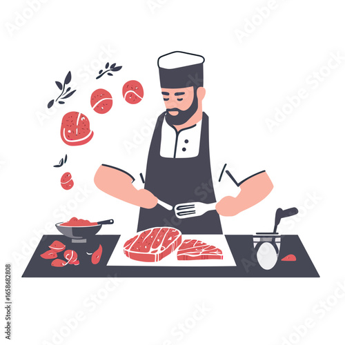Chef preparing raw steaks on cutting board with spices and cooking utensils in minimalist flat vector illustration style for food preparation concept