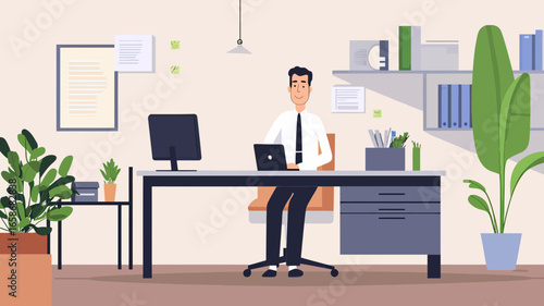 Young man working remotely on laptop in modern office with desktop computer plants bookshelves organized workspace flat vector illustration