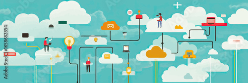 Flat vector illustration of cloud computing network with business people connected to digital devices and online data storage concept in minimalist style