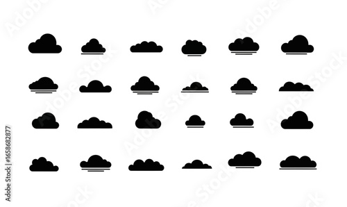Set of 30 black minimalist cloud icons with varied shapes and horizontal lines in flat vector style isolated on white background for weather and design elements