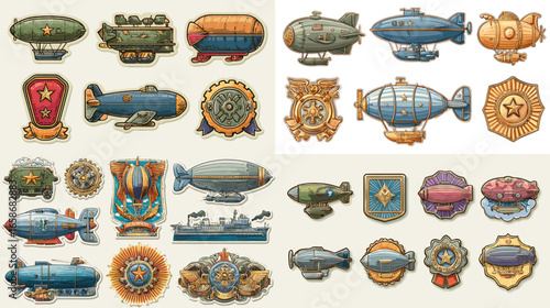 A detailed set of steampunk airship badges and emblems featuring retro dirigibles, zeppelins, and mechanical medals in vintage brass tones. Perfect for adventure or retro design themes.