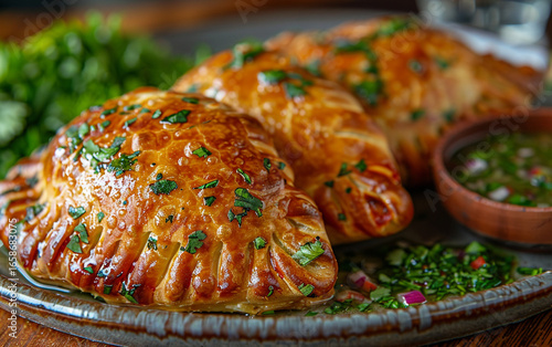 Golden empanadas gleam with parsley on a rustic plate. Features soft lighting for culinary content, food blogs, or restaurant marketing.