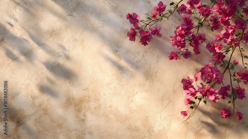 Vibrant Pink Bougainvillea Flowers on a Warm Beige Textured Wall with Golden Sunlight and Cast Shadows