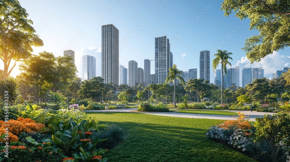Obraz premium Lush park with modern cityscape