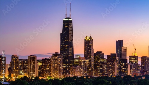 Iconic Chicago Skyline Illuminated by Twilight's Gradient Glow and Warm City Lights