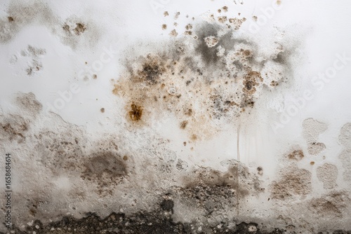Closeup view of saltpeter and mold growth on a damp wall in an urban setting during daylight hours reveals issues of water intrusion
