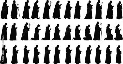 Silhouettes of monks and priests praying, standing and kneeling religious figures with robes and staffs, worship illustration, spirituality vector art