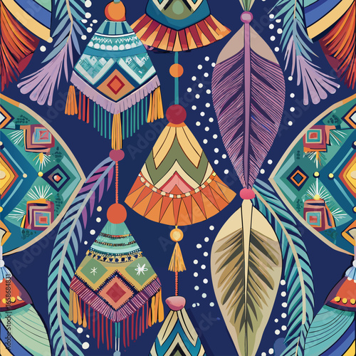 Colorful boho chic pattern with decorative tassels. feathers. and geometric shapes