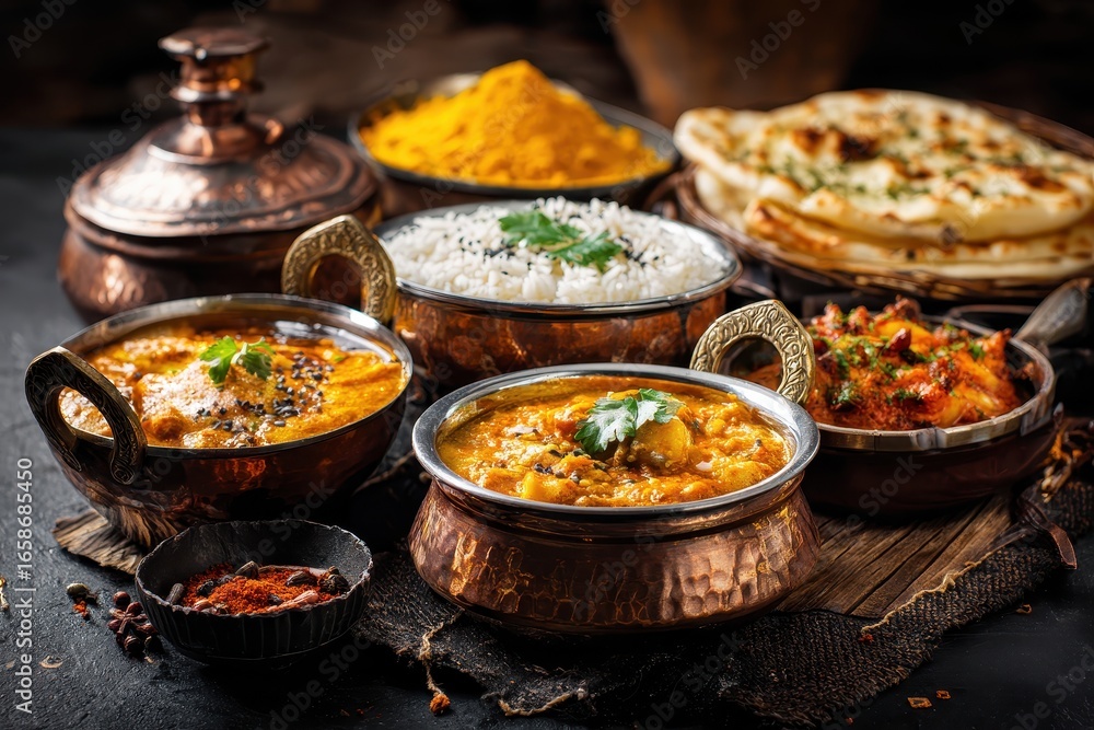 Delicious traditional Indian cuisine featuring assorted dishes served with rice and naan in a vibrant, warm setting