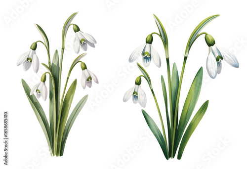Snowdrop watercolor botanical illustration. White snowdrop floral watercolor paint.