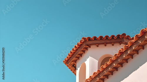 Vibrant Terracotta Roof Tiles and White Wall Detail Against Clear Blue Sky – Mediterranean Architecture Concept