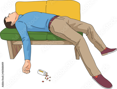Drug overdose concept, unconscious man, prescription pills on floor, medical emergency, mental health crisis, substance abuse illustration, addiction awareness graphic
