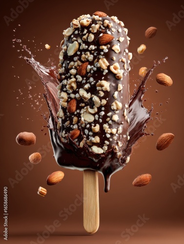 indulge in a delicious chocolatecovered ice cream bar that is generously sprinkled with crunchy tasty nuts