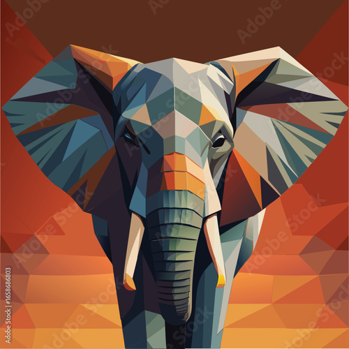 Geometric elephant portrait against a warm. sunset backdrop