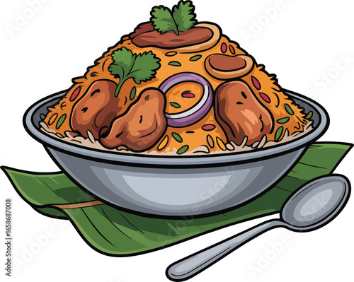 Vector Design of Indian Chicken Biryani with Fried Onions in a Bowl, Transparent Background.