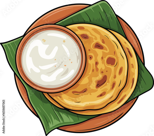 Vector Design of Aloo Paratha with Yogurt in a Bowl on a Plate, Transparent Background.