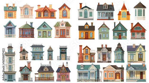 Flat vector illustration of charming vintage houses with detailed facades and roofs. Perfect for architecture, real estate, travel, and old town design concepts.