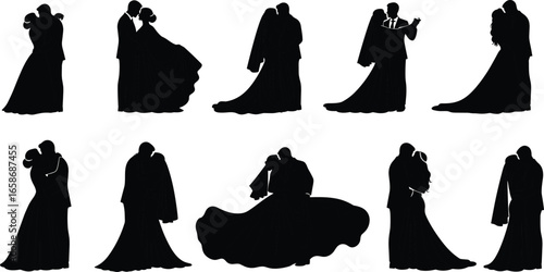 Wedding couple silhouettes set, bride and groom kissing, dancing, romantic poses, marriage ceremony illustration, love romance vector collection, celebration icons