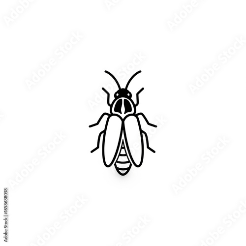 A firefly, black line art, white background.