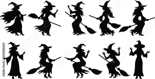 Witch silhouettes set, Halloween flying witches on broomsticks, spooky witch figure collection, vector clipart pack of Halloween characters