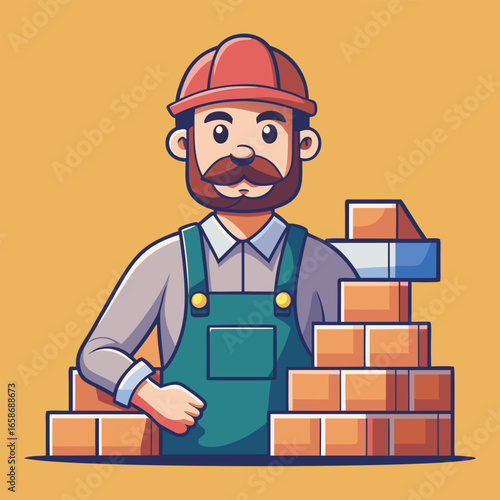 A male construction worker with a beard. wearing a hard hat and overalls. stands next to a stack of bricks.