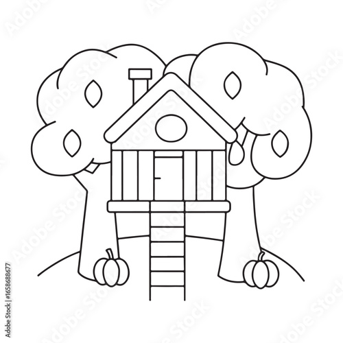 Black and white line art of a treehouse with pumpkins and trees on a hilly landscape home dwelling