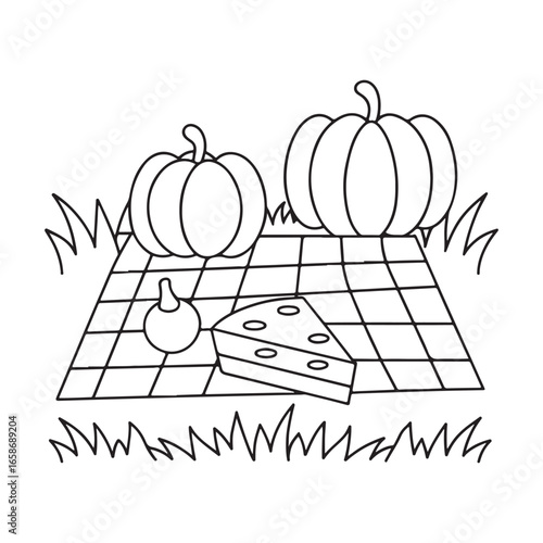 Two cartoon pumpkins and a slice of cheese on a picnic blanket with grass vector illustration