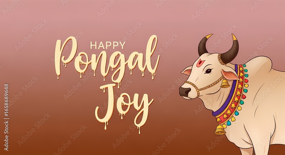 Fototapeta premium Happy pongal joy greeting with decorated cow illustration and festive elements