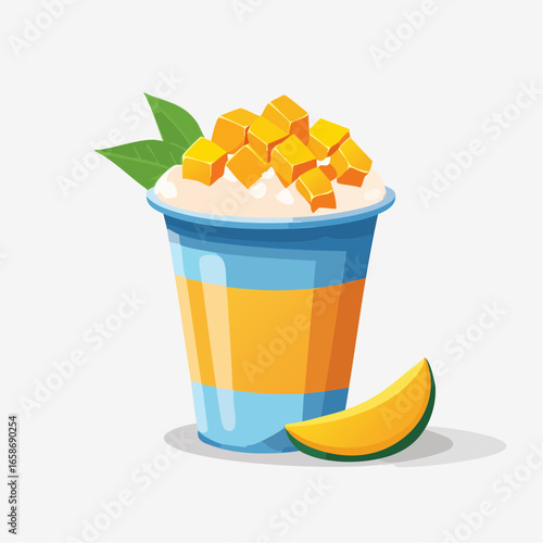 Mango Yogurt Parfait in Blue Cup with Fresh Mango Slice