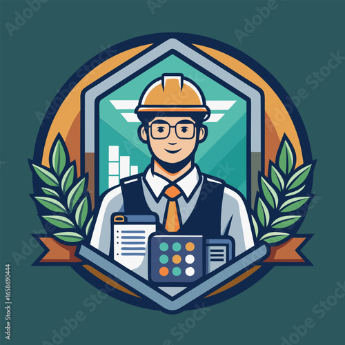 Smiling male engineer in hard hat and business attire. holding technical equipment