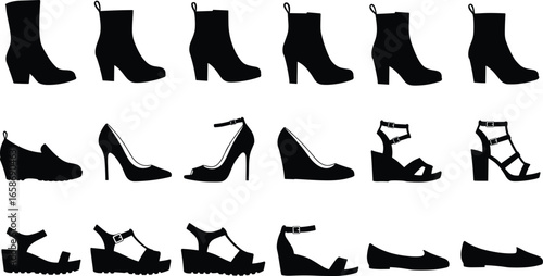 Women’s shoe silhouettes vector set with boots, heels, sandals, flats and wedges, stylish footwear icons for fashion design collection