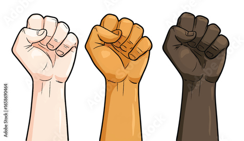Multicultural Unity Illustration of Fists Raised in Solidarity Against Racial Discrimination for Social Justice and Equality Movement