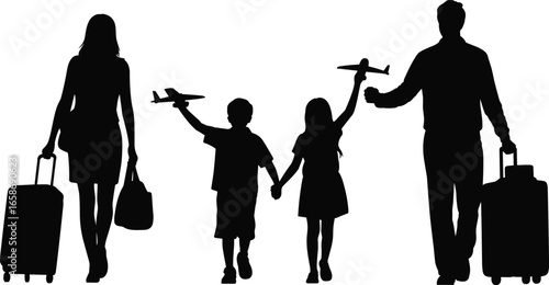 Happy family traveling together, parents with luggage, children holding toy airplanes, family vacation, travel excitement, bonding, journey, adventure, fun, holiday, togetherness