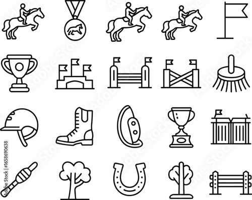 Horse riding icons set, equestrian sport symbols, horse jumping, riding helmet, riding boots, trophy, fence, horseshoe, stable, equestrian equipment