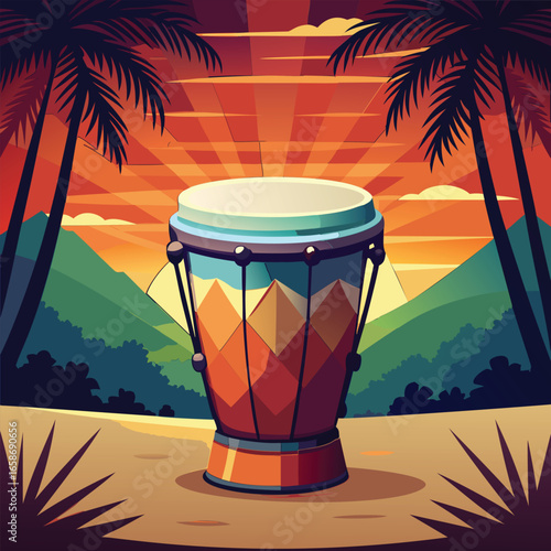 Colorful illustration of a traditional drum on a tropical beach at sunset.