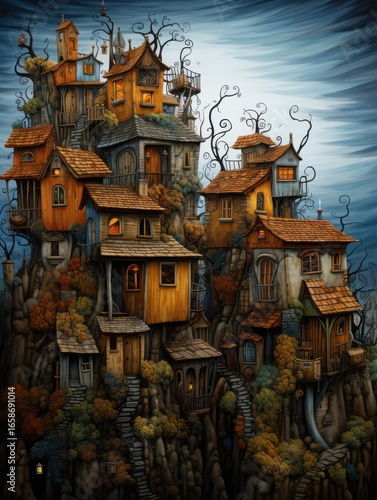 A fantastical illustration of a village made up of unique treehouses perched on a rocky hillside.