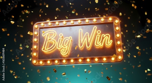 Illuminated sign with big win text surrounded by falling gold confetti