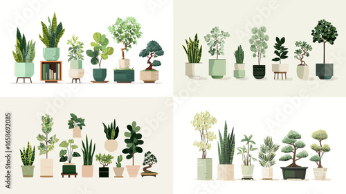 Flat vector illustration of indoor potted plants and green leaves. Perfect for home decor, botany, gardening, eco lifestyle, and natural interior design themes.