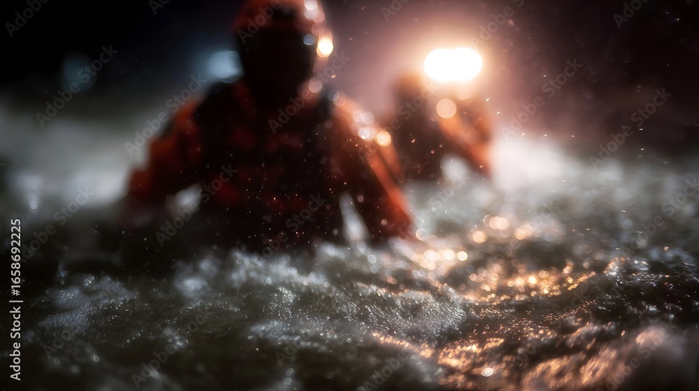 Obraz premium Heroic first responders battling floodwaters in a dramatic rescue mission