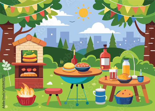 A backyard barbecue scene with food. drinks. and decorations