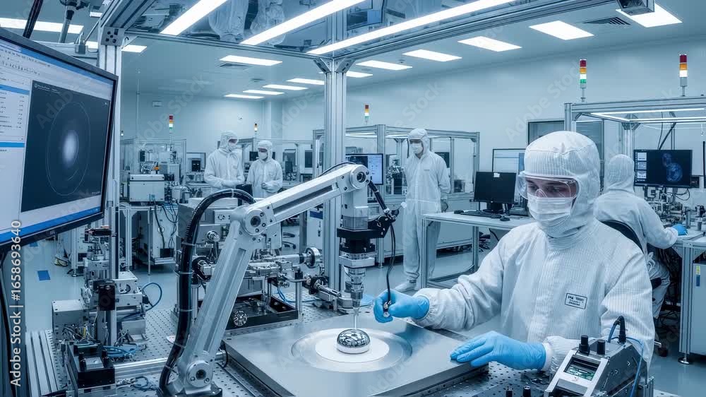 Panorama of a sterile fabrication facility showcasing the synchronization of mechanical and human efforts in inertial fusion pellet production. Panorama of a sterile fabrication facility showcasing the synchronization of mechanical and human efforts in inertial fusion pellet production.