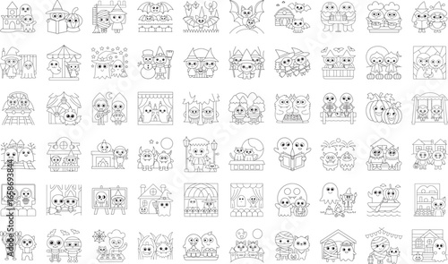 A collection of cute and spooky Halloween-themed cartoon illustrations featuring monsters, ghosts, witches, vampires, and pumpkins in various playful scenarios