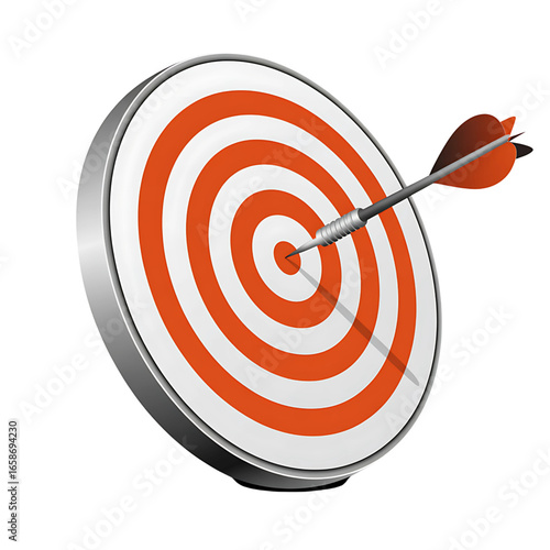 A dart perfectly hitting the bullseye of a target with orange and white rings isolated on transparent background